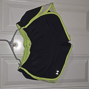 Women's size small Under Armour running shorts. Charcoal gray and neon yellow.